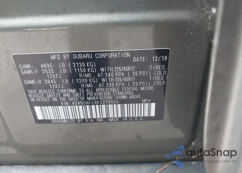 2019 Subaru Outback 2.5I Premium z USA, uszkodzony, nr VIN 4S4BSAFC8K3278555